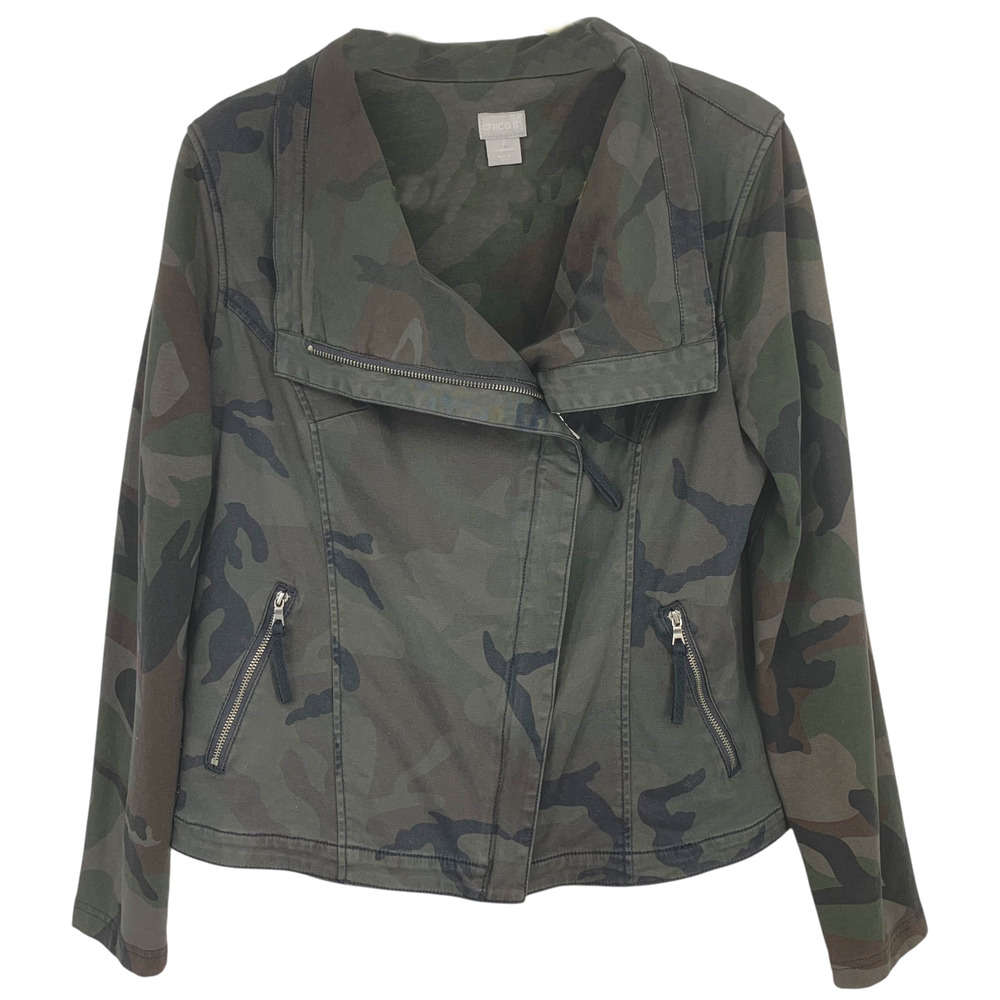 Chico's Sz 1 Camo Moto Jacket Green Military Print Stretch Cotton Zip Front M - Picture 2 of 7